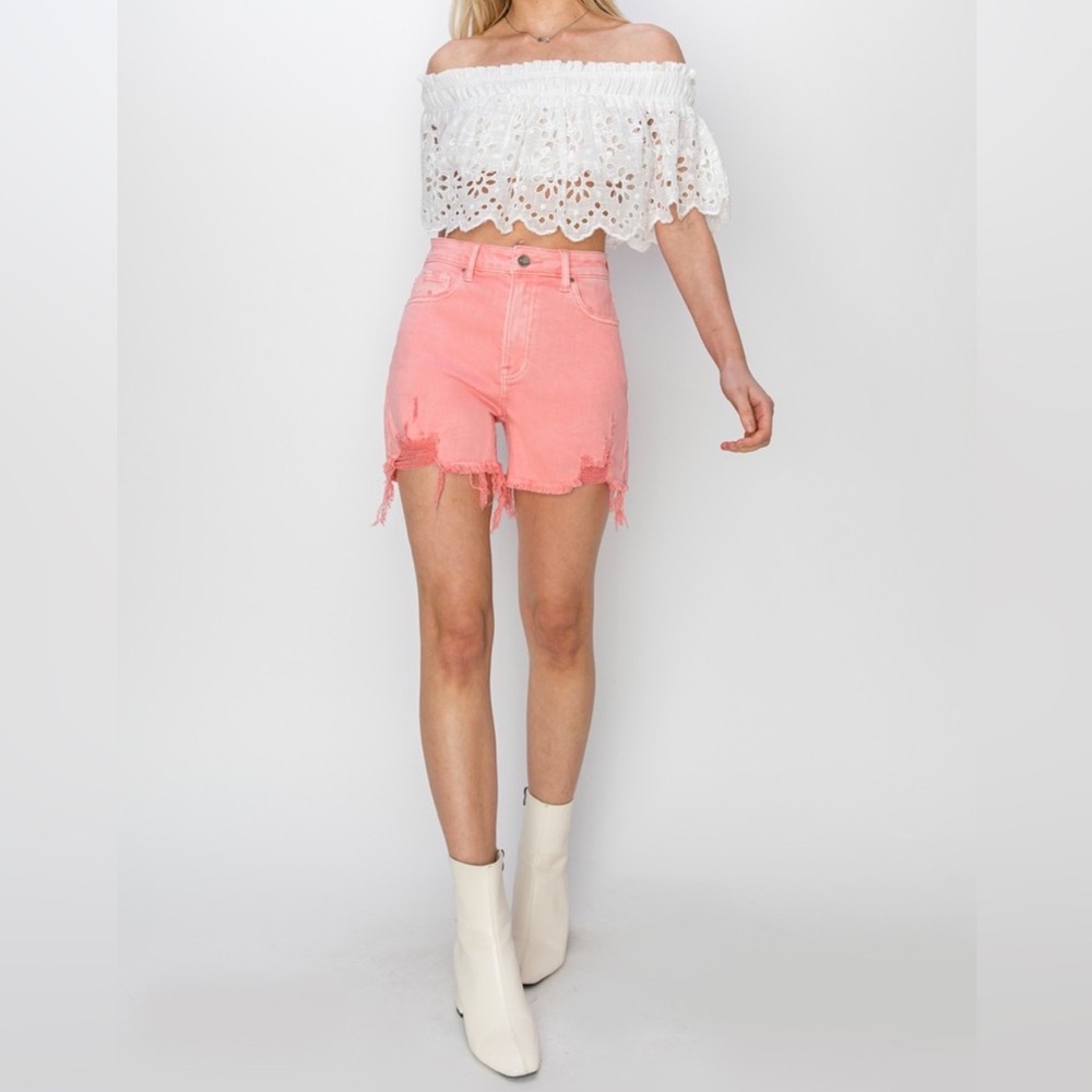 NWT RISEN Coral Pink High Rise Distressed Raw Hem Denim Shorts - Picture 8 of 8